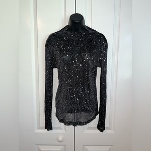 Black Sparkly Women's Mockneck Top with Silver Stars
